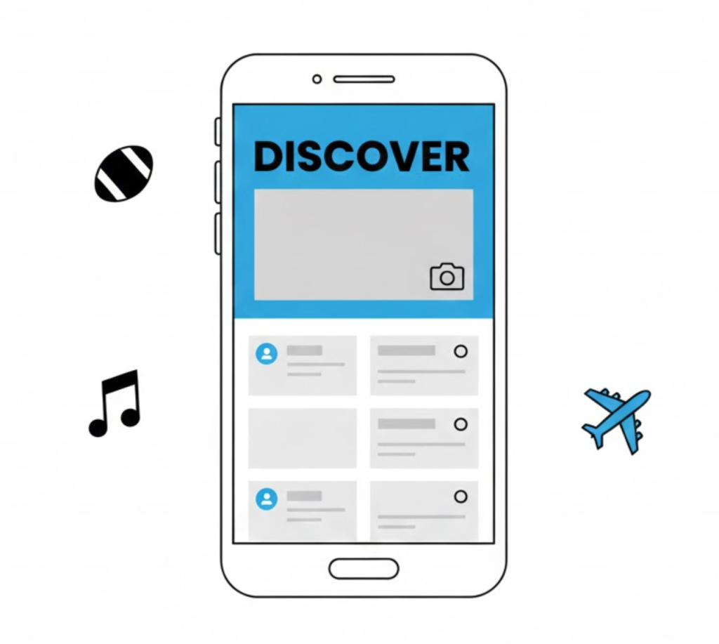 A vector illustration of a smartphone displaying the Google Discover feed, with interest icons floating around it.