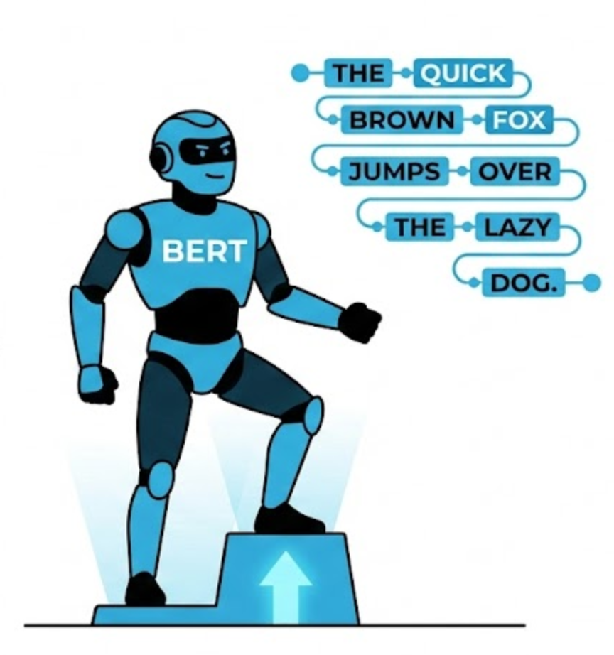 A vector illustration symbolizing the evolution of search. An old, confused robot stands on the left, while a modern, sleek Googlebot wearing a 'BERT' label steps up to a higher platform on the right, understanding complex language.
