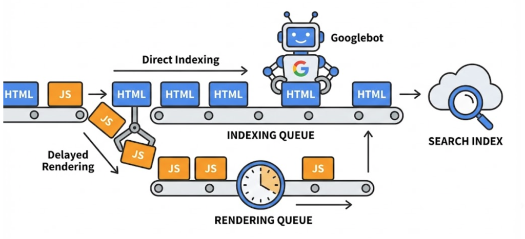 A diagram illustrating Google's Two-Wave indexing process where JavaScript content is delayed in a rendering queue.