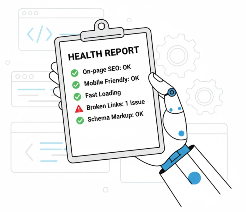 A vector illustration of a digital health report clipboard with checkmarks and warnings, symbolizing Google Search Console's diagnostic role.