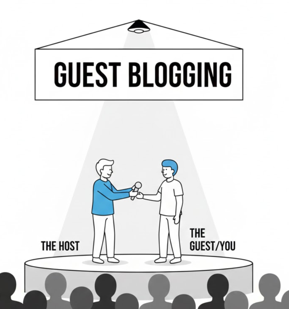 A vector illustration of a host handing a microphone to a guest speaker on stage, symbolizing the exposure and authority of guest blogging.