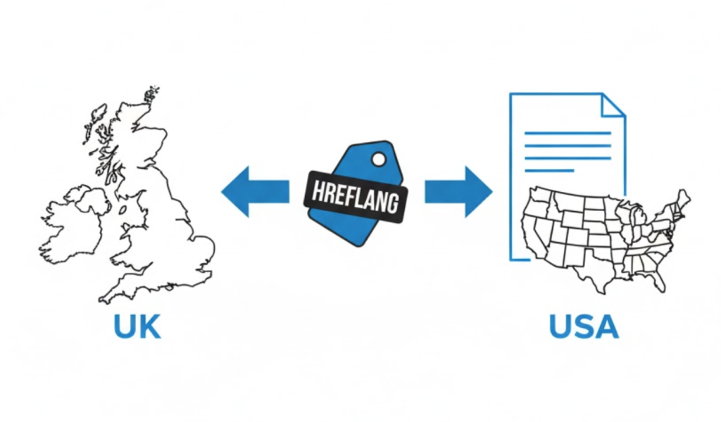 A diagram showing two identical pages using Hreflang tags to target different regions (UK and USA), preventing duplicate content issues.