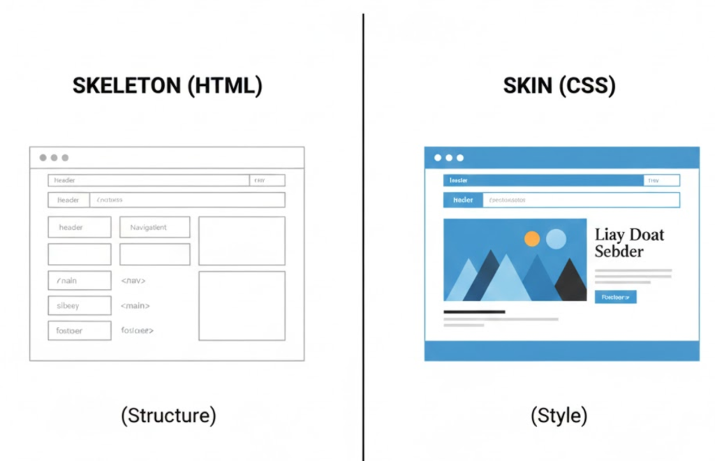 A visual metaphor comparing HTML to a skeleton (structure) and CSS to skin (style), illustrating the separation of content and design.