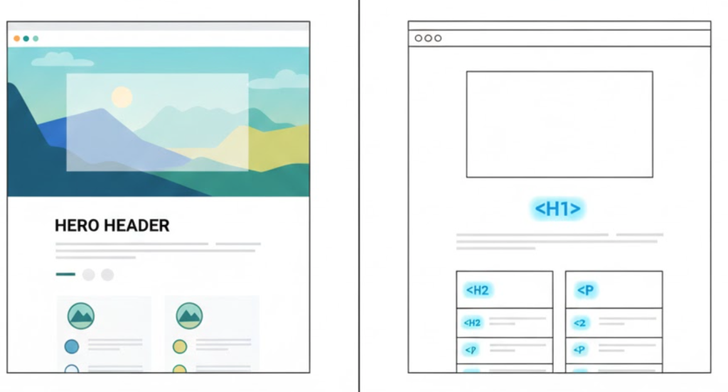 A vector illustration showing a website's visual design on one side and its underlying HTML heading structure (H1, H2, H3) on the other.