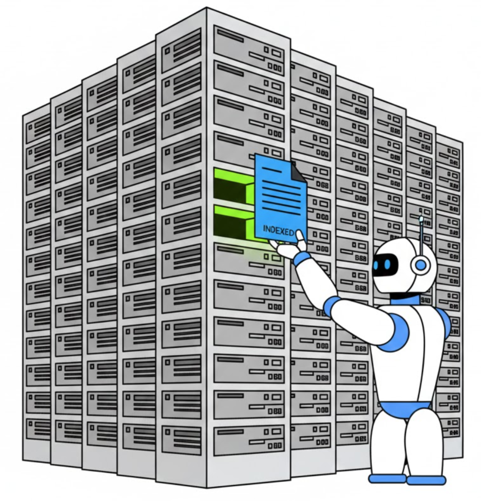 A vector illustration of a Googlebot placing a document into a digital server rack, symbolizing the process of search engine indexing.