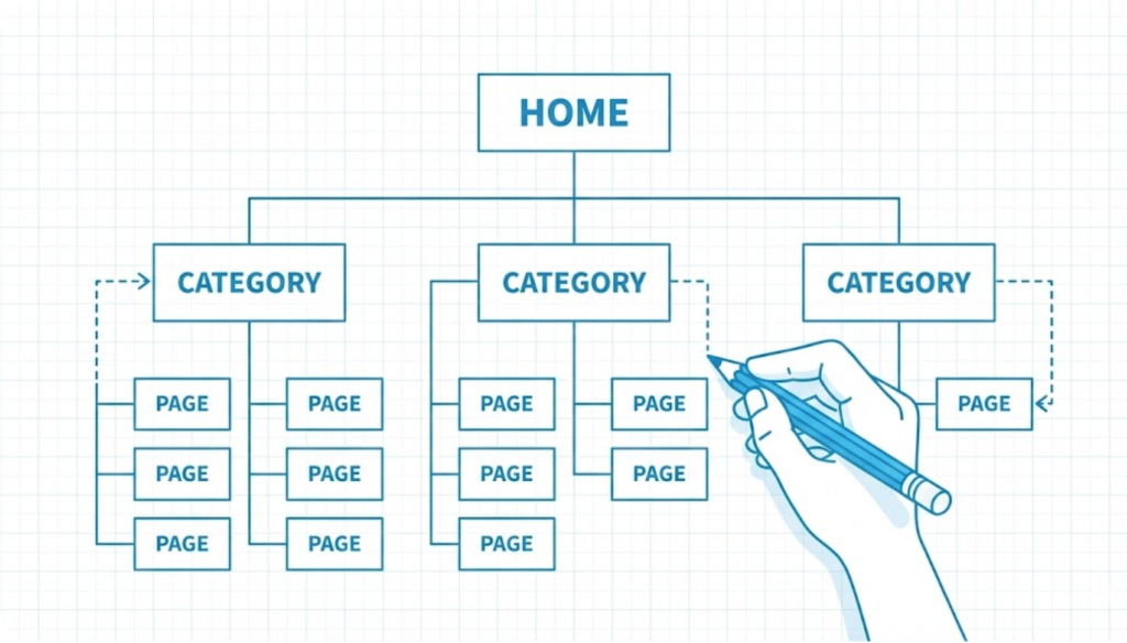 A vector illustration of a website blueprint showing the Information Architecture planning process.