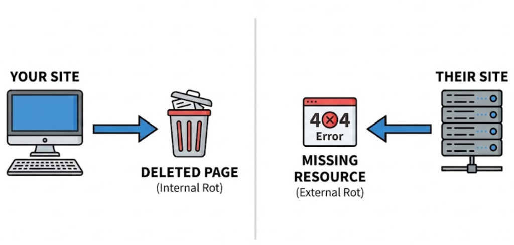 A visual diagram comparing Internal Link Rot (you deleting your own pages) versus External Link Rot (other websites deleting their pages).