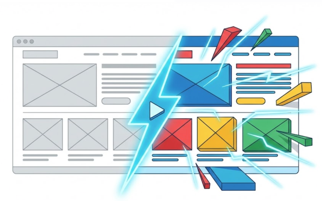 A vector illustration of a website wireframe being brought to life by a bolt of energy, symbolizing how JavaScript adds interactivity to static code.