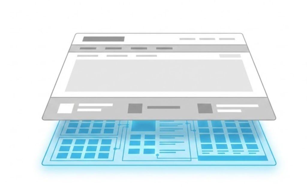 A vector illustration showing a website interface with a glowing layer of structured data (JSON-LD) underneath it.