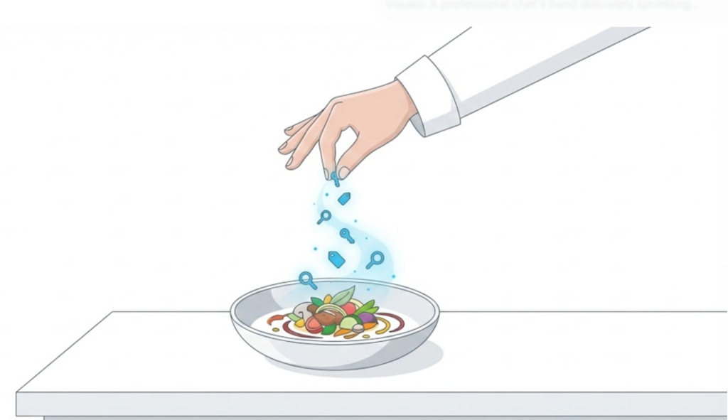 A vector illustration of a chef sprinkling seasoning on a dish, symbolizing the careful and sparing use of keywords in SEO content.