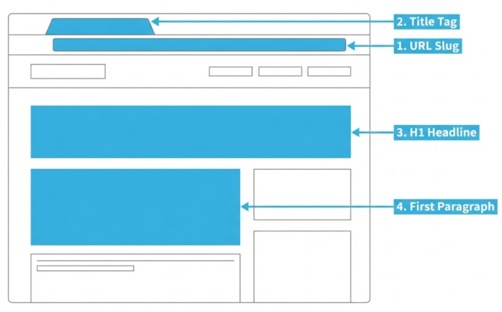 A visual wireframe highlighting the four critical SEO power positions: URL, Title Tag, H1, and Introduction.