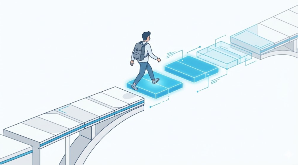 A vector illustration of a bridge appearing segment by segment as a user walks on it, symbolizing the efficiency of lazy loading.
