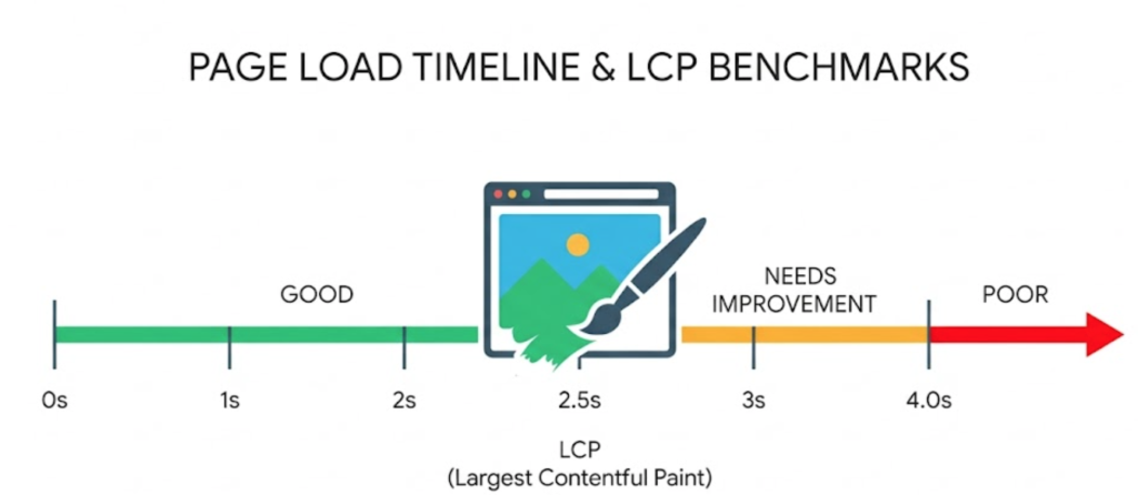 A visual timeline showing the LCP thresholds: under 2.5 seconds is good, while anything over 4 seconds is poor.