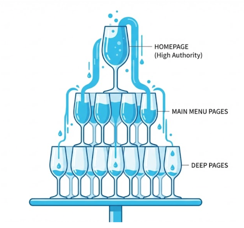 A diagram using a champagne tower analogy to show how link equity flows from the homepage down to sub-pages through navigation.
