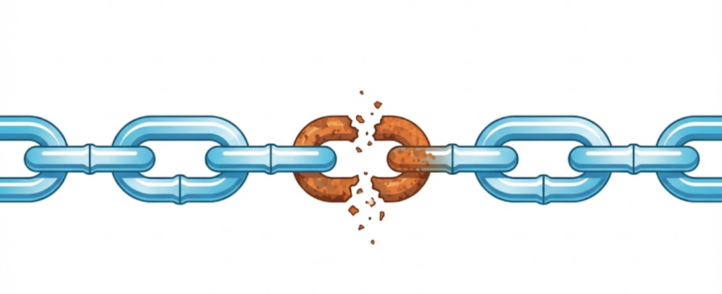 A vector illustration of a steel chain with one rusted, crumbling link, symbolizing how a single broken link can weaken a website's SEO.