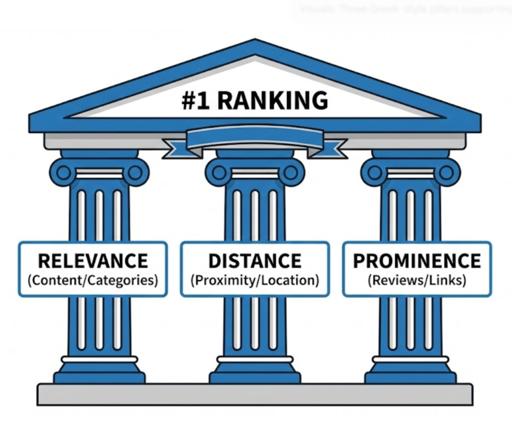 A diagram showing the three pillars of Local SEO ranking: Relevance, Distance, and Prominence.