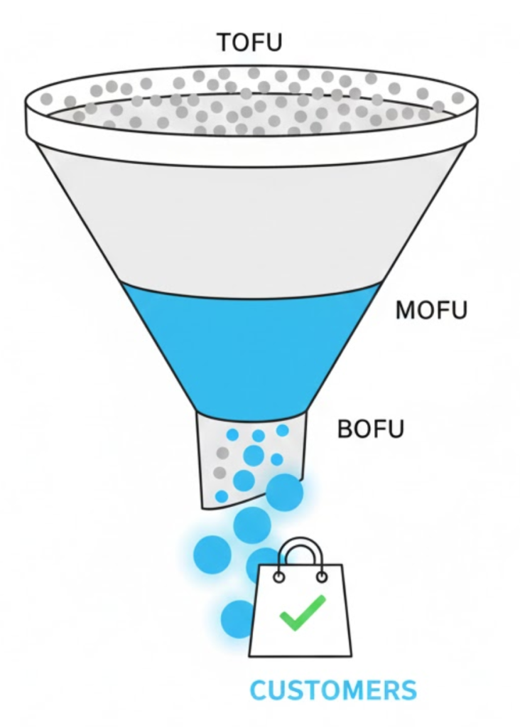A vector illustration of a marketing funnel showing users entering as grey dots and exiting as glowing blue customers, labeled TOFU, MOFU, and BOFU.