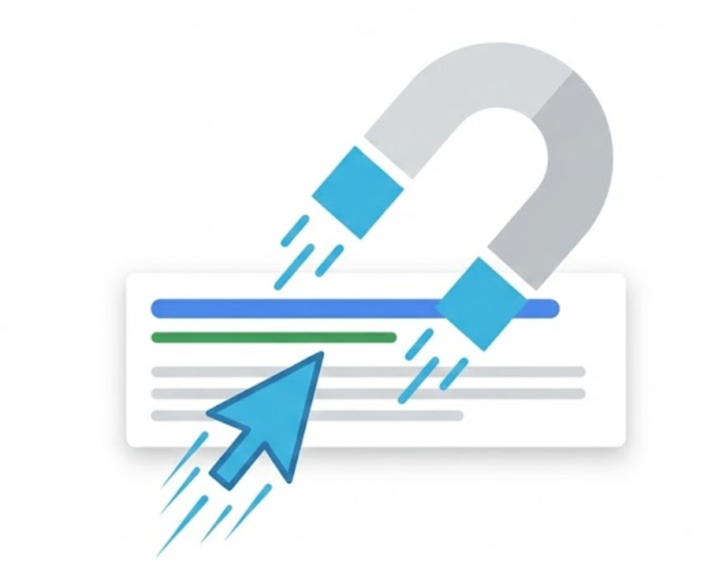 A vector illustration of a search result acting as a magnet, pulling a user's mouse cursor towards it, symbolizing a high click-through rate.