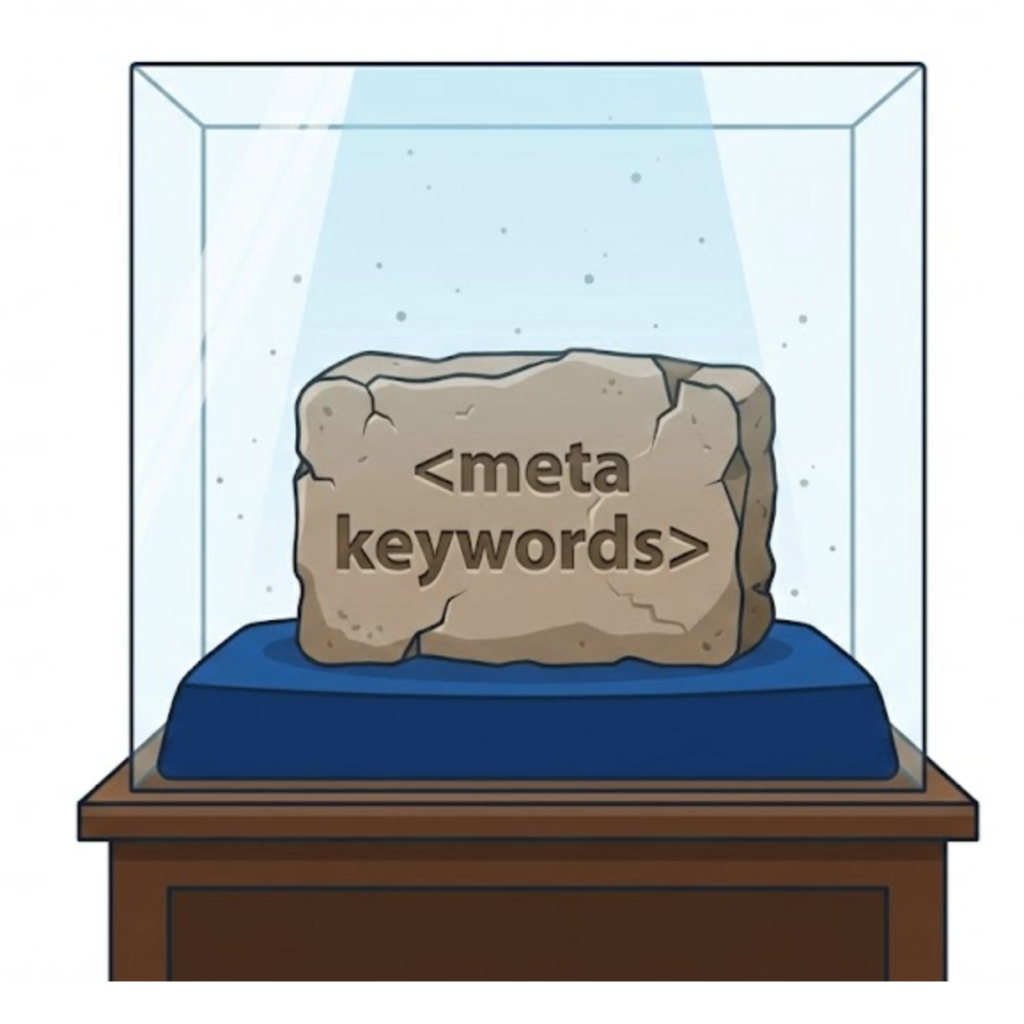 A vector illustration of the Meta Keywords tag displayed as a fossil in a museum case, symbolizing that it is an extinct SEO tactic.