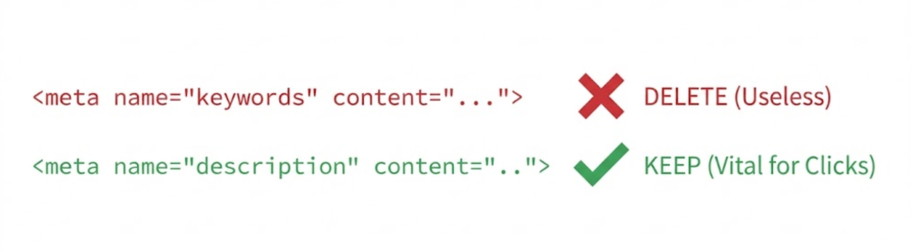 A technical code comparison showing that the Meta Keywords tag should be deleted, while the Meta Description tag is vital and should be kept.