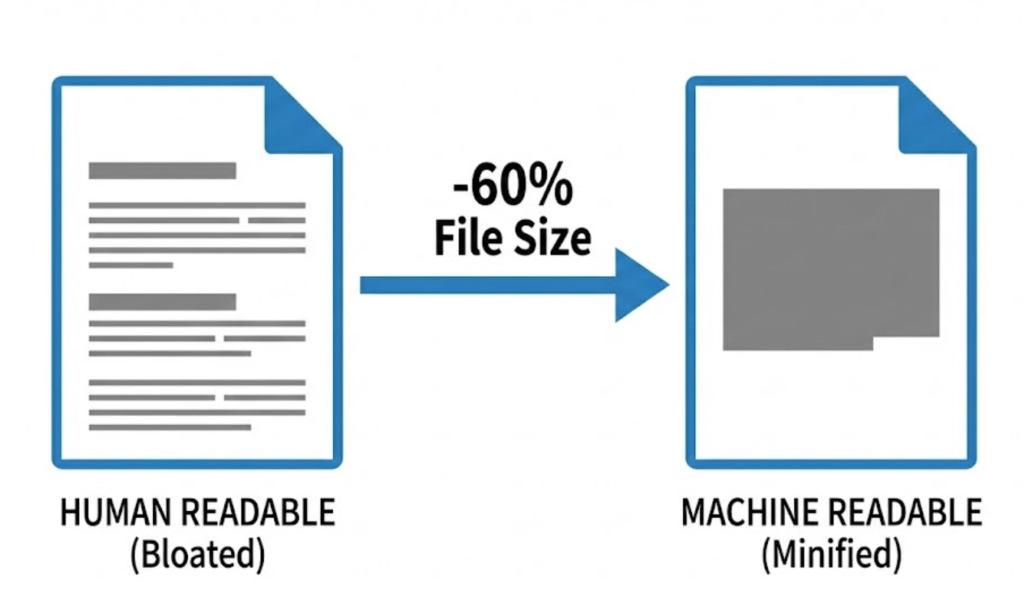 A visual diagram comparing bloated, human-readable code against compact, minified machine code, highlighting the file size reduction.