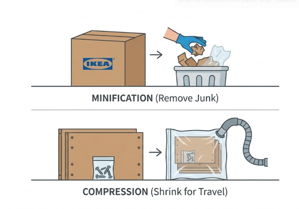 A visual analogy using IKEA furniture to explain that minification removes unnecessary junk, while compression shrinks the remaining file for transport.