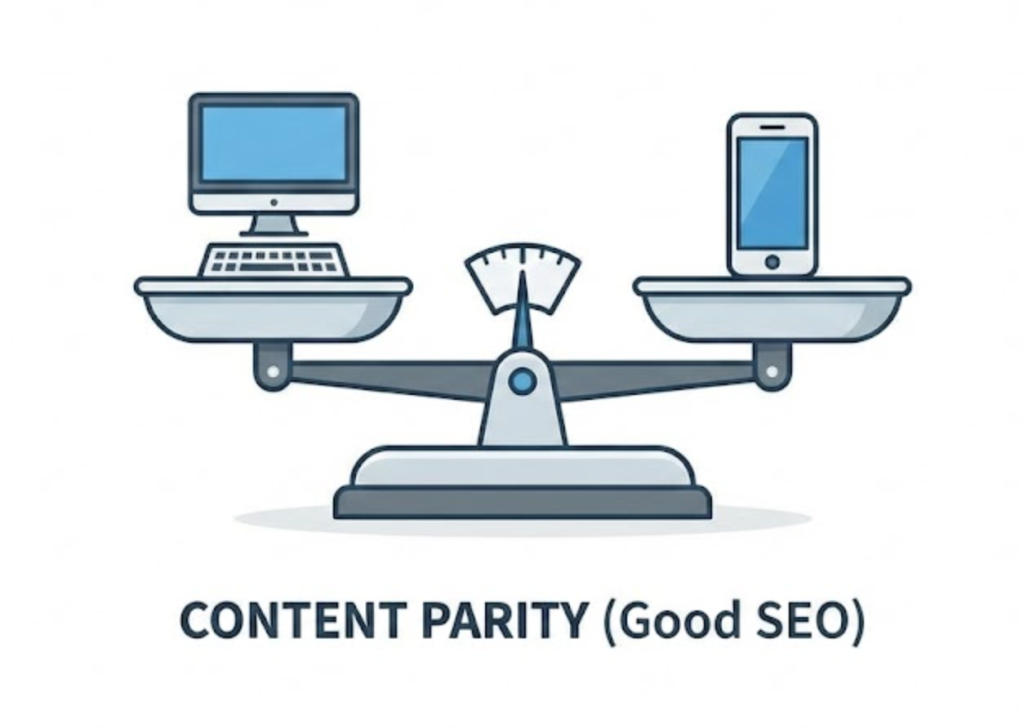 A visual diagram showing a balanced scale between Desktop and Mobile content, representing the importance of Content Parity for SEO.