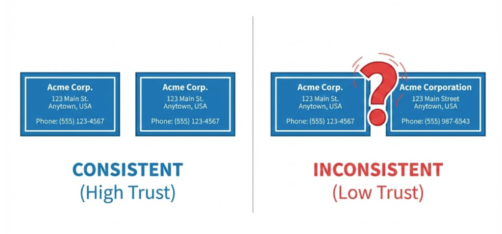A comparison showing identical business data creating trust versus mismatched data creating confusion for search engines.