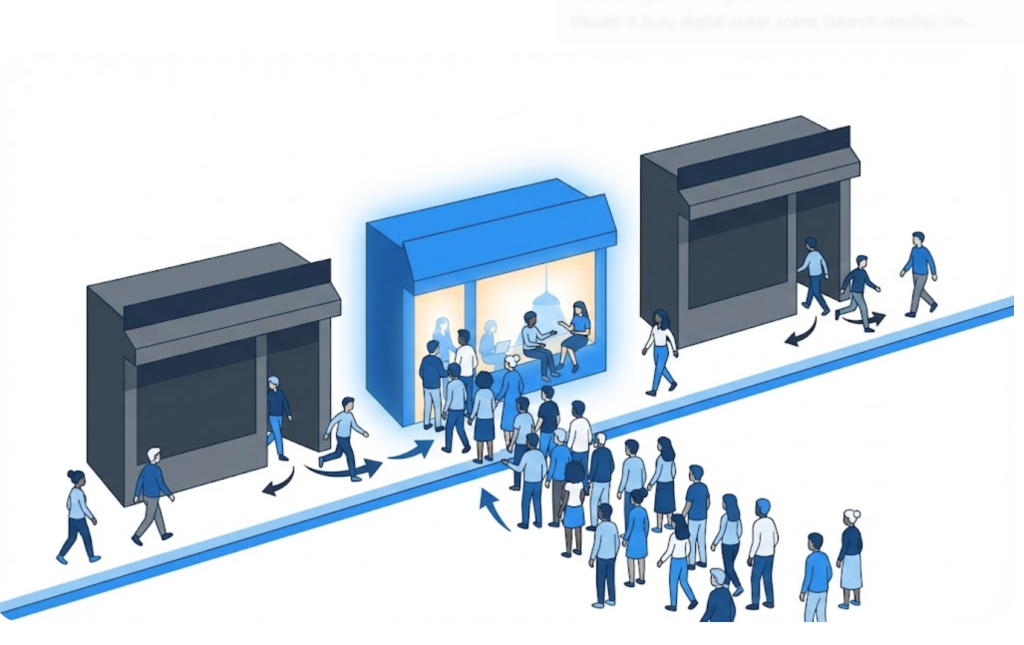 A vector illustration showing a flood of users choosing and staying at one search result while rejecting others, symbolizing the Navboost algorithm.