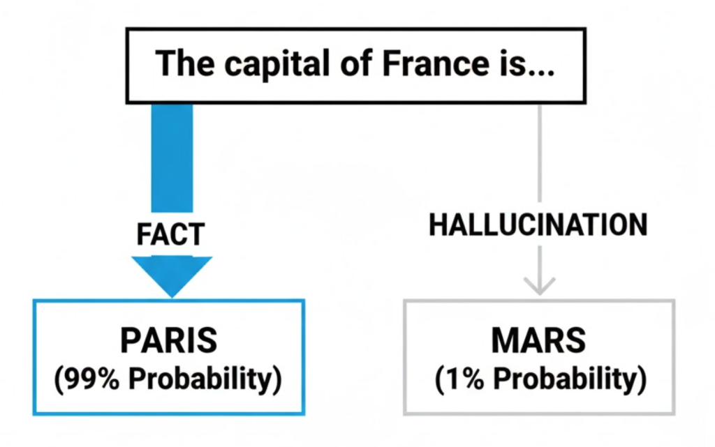 A visual diagram showing how AI predicts the next word, illustrating a high-probability fact (Paris) versus a low-probability hallucination (Mars).