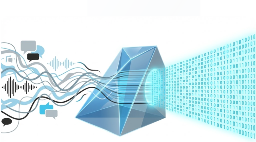 A vector illustration of messy human speech being converted into structured digital code, representing Natural Language Processing.