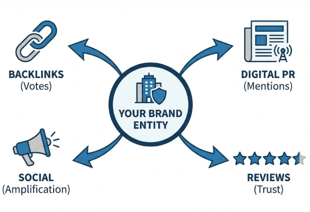 A diagram showing the four pillars of the off-page SEO ecosystem surrounding a brand entity: Backlinks, Digital PR, Social Amplification, and Reviews.