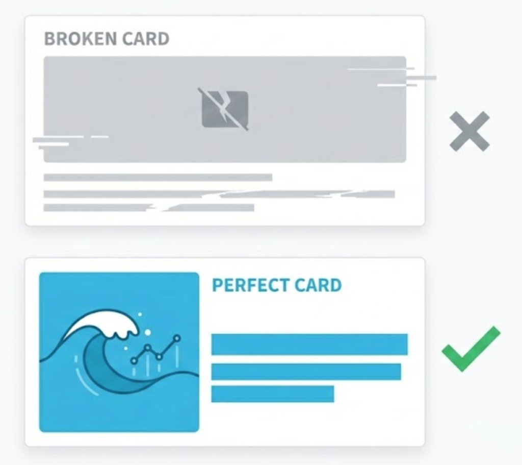 A comparison showing a broken social media link preview versus a fully optimized Open Graph link preview.