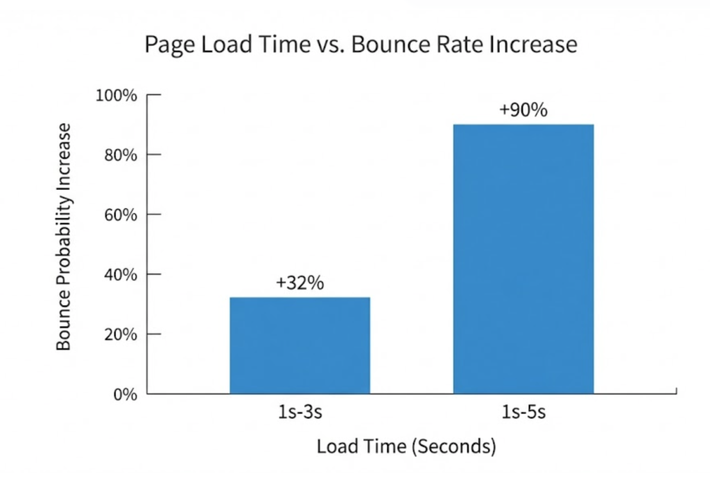 A bar graph showing that as page load time increases from 1 second to 5 seconds, the probability of bounce increases by 90%.
