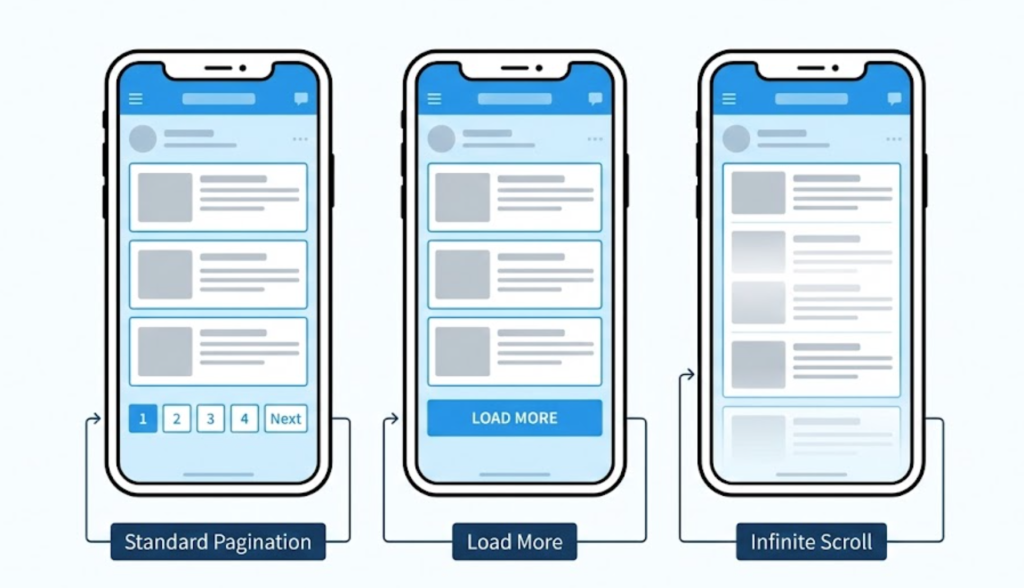 A visual comparison of the three main pagination types: Standard, Load More Button, and Infinite Scroll.