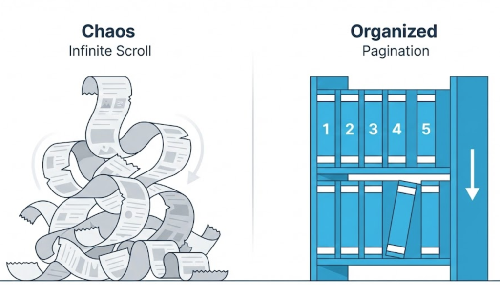A vector illustration comparing a messy infinite scroll paper to a neat shelf of numbered books, symbolizing the organization of pagination.