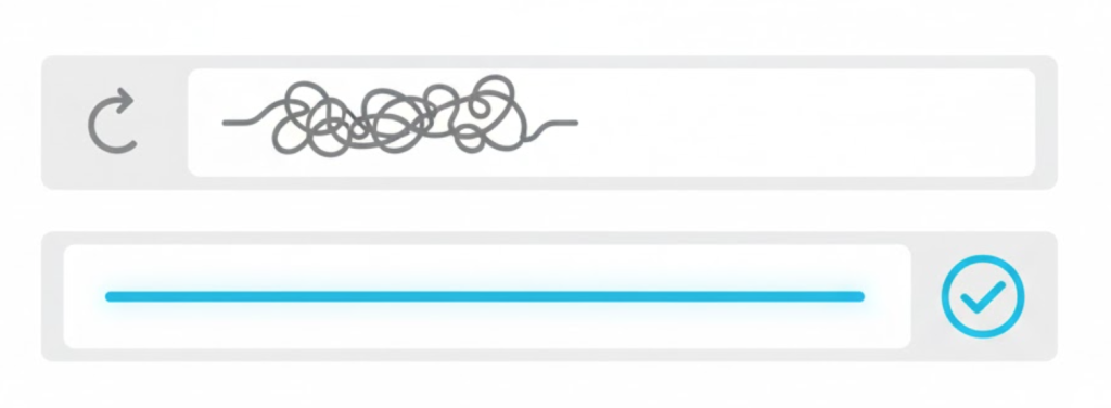 A visual comparison showing a tangled, messy line representing a bad URL above a straight, clean blue line representing a good permalink.