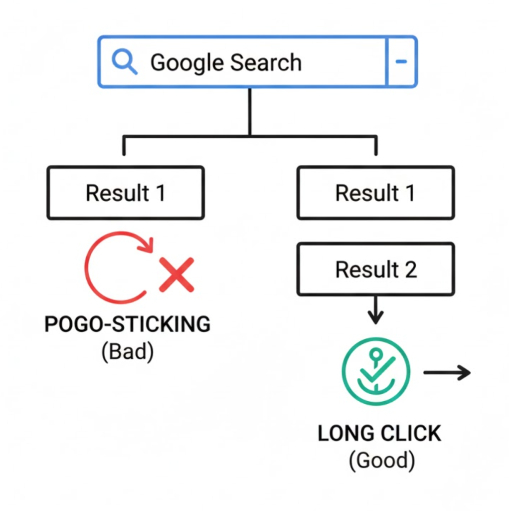 A flowchart diagram illustrating 'Pogo-Sticking', where a user clicks a result and immediately returns to Google, versus a 'Long Click' where the user stays on the page.