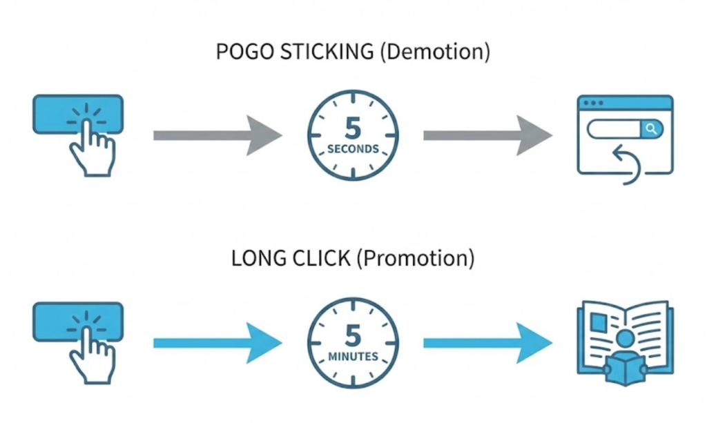 A flowchart illustrating the difference between Pogo-Sticking (a bad SEO signal) and The Long Click (a good SEO signal).