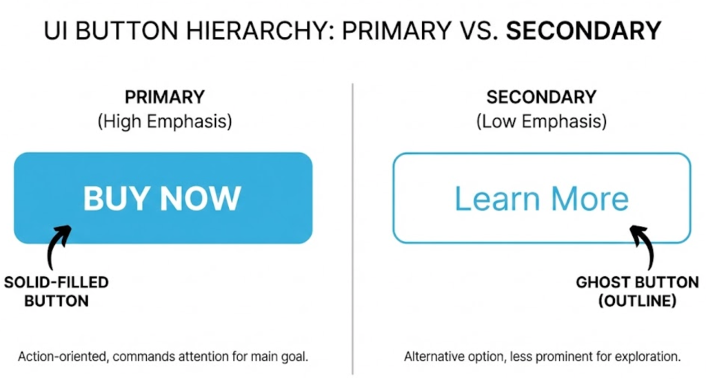 A visual diagram comparing a solid Primary CTA button (high emphasis) versus an outlined Secondary 'Ghost' button (low emphasis), showing visual hierarchy.