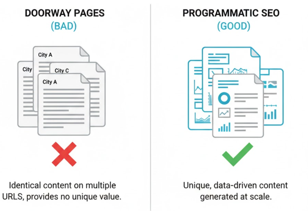 A visual comparison showing Doorway Pages as identical clones (bad) versus Programmatic SEO pages as unique data-rich documents (good).