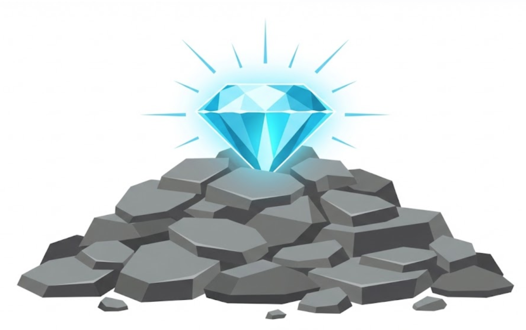 A vector illustration of a shining diamond sitting atop a pile of rough rocks, symbolizing high-quality content standing out amongst average content.