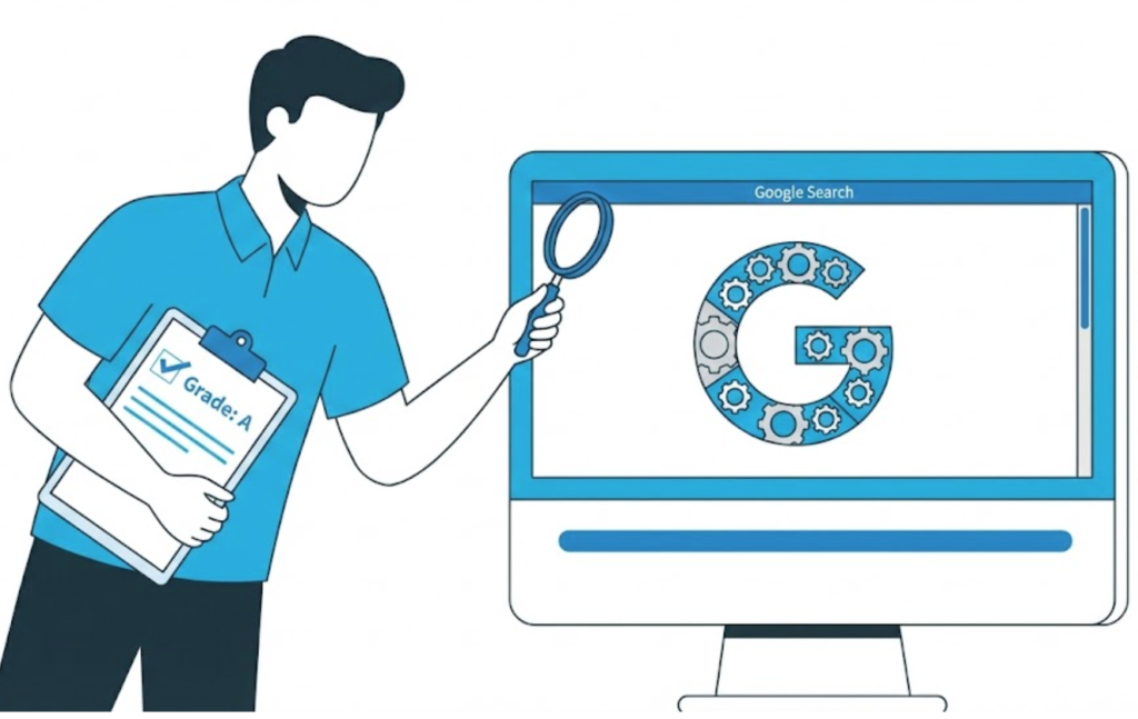 An illustration of a Google Quality Rater manually inspecting and grading search algorithm results.
