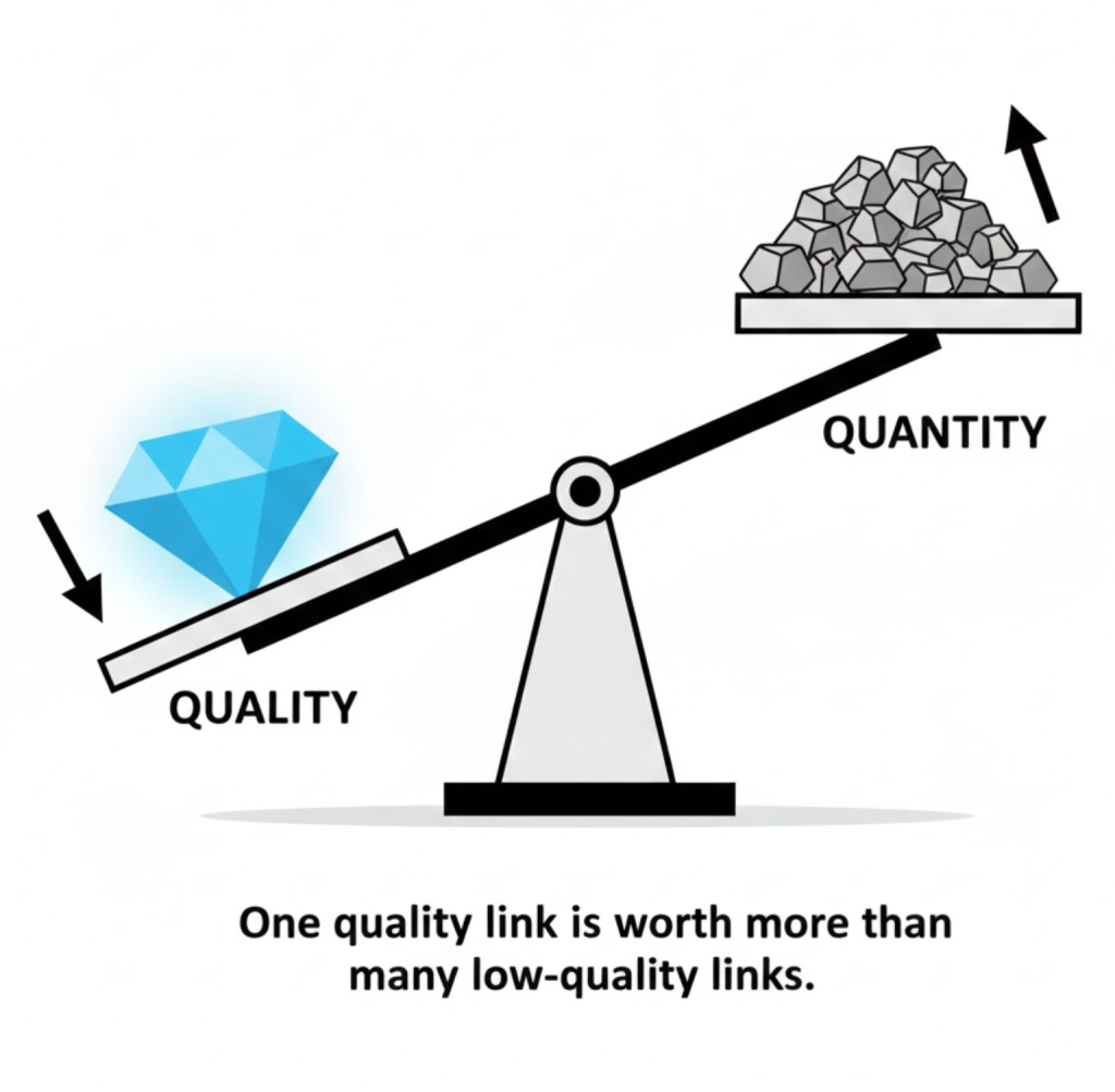 A visual balance scale showing that one large 'Quality' gem outweighs a huge pile of 'Quantity' rocks, illustrating how Domain Authority values high-quality backlinks.