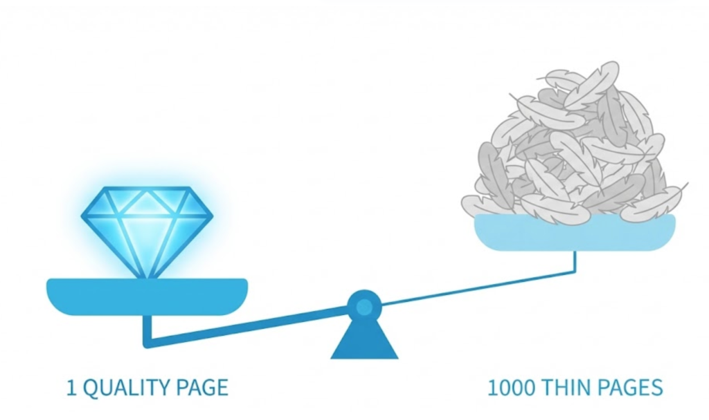 A visual metaphor showing a weighing scale where one high-quality page outweighs a thousand thin content pages.