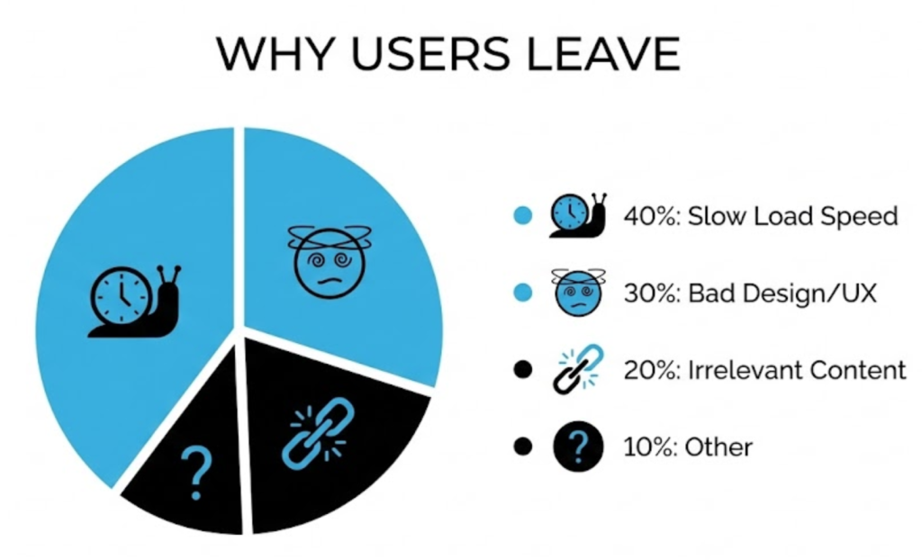 An infographic showing the main reasons users bounce from a website: Slow Load Speed, Bad Design, and Irrelevant Content.