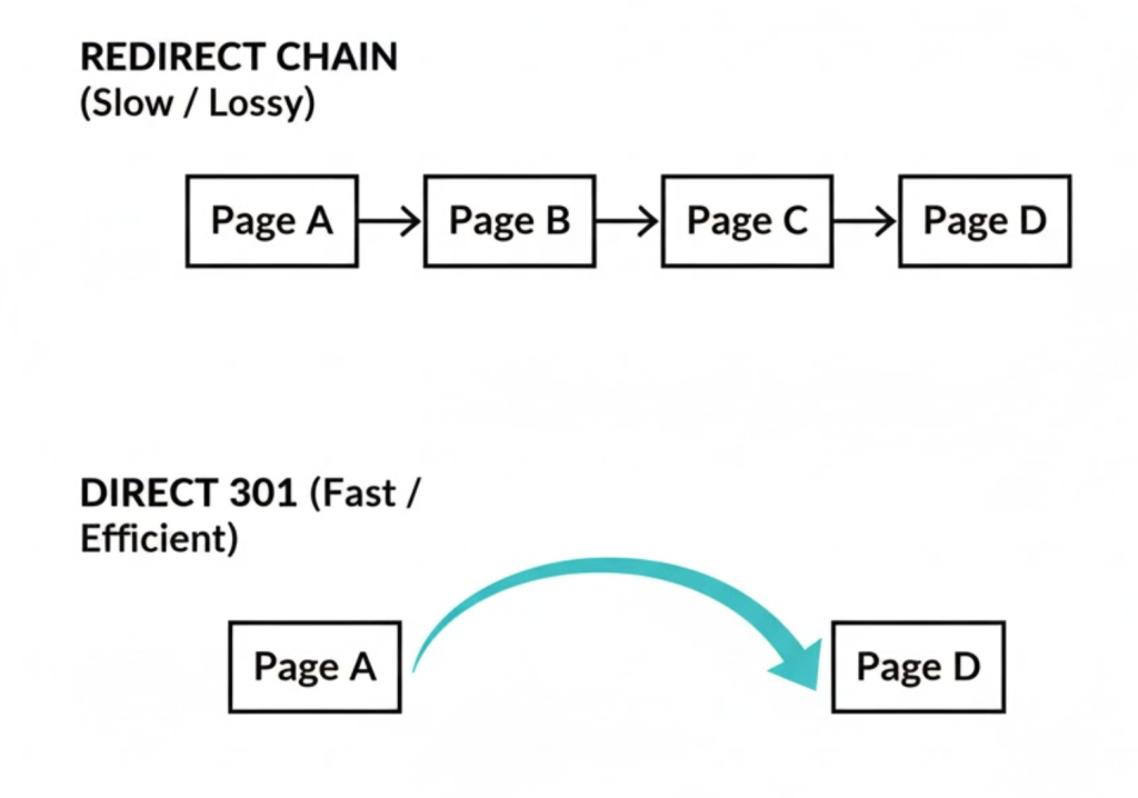 A visual comparison showing a slow redirect chain (A to B to C to D) versus a fast, direct redirect (A to D).