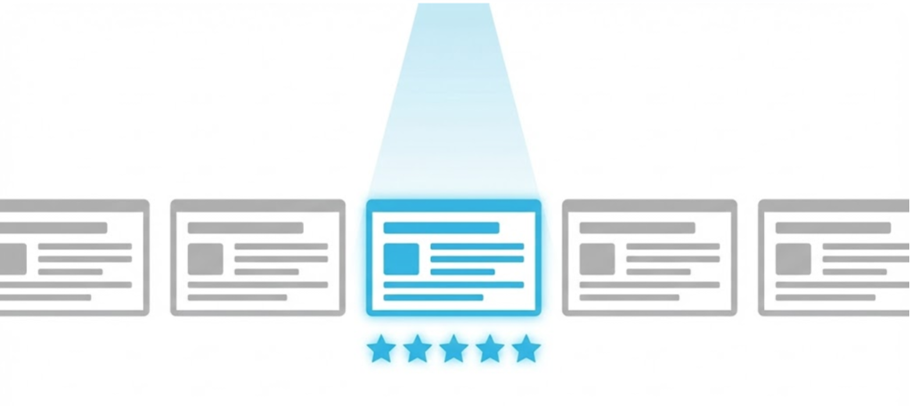 A vector illustration of a search result being highlighted by a spotlight and showing star ratings, representing the visibility boost of Schema Markup.