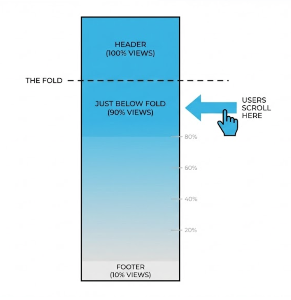 A heatmap diagram showing that while the top of a page gets the most views, users actively scroll down to read content below the fold.