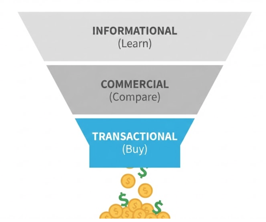 A funnel diagram illustrating the three main types of search query intent: Informational, Commercial, and Transactional.
